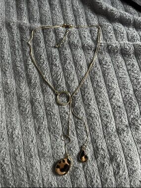 Chico's Gold-Tone Lariat Necklace with Leopard Teardrop Pendants
